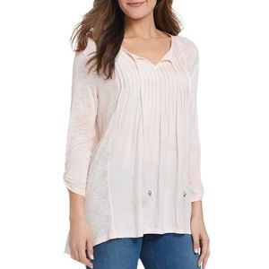 Bandolino Plus XXL Pink Camo Blouse Pleated Roll Tab Sleeve Tassel Boho Top